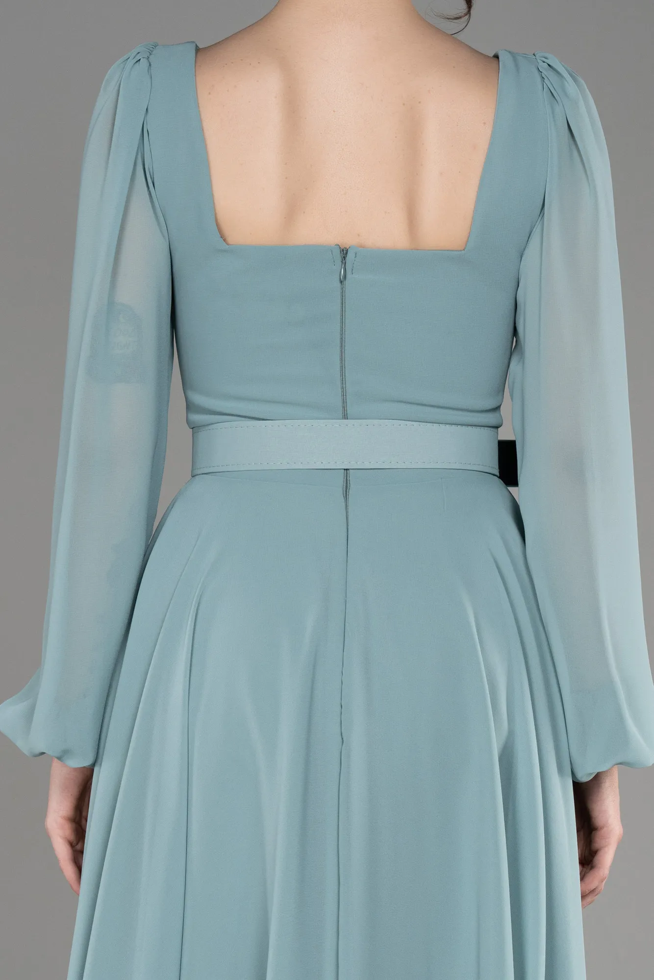 Turquoise-Long Sleeve Midi Chiffon Cocktail Dress ABK2026