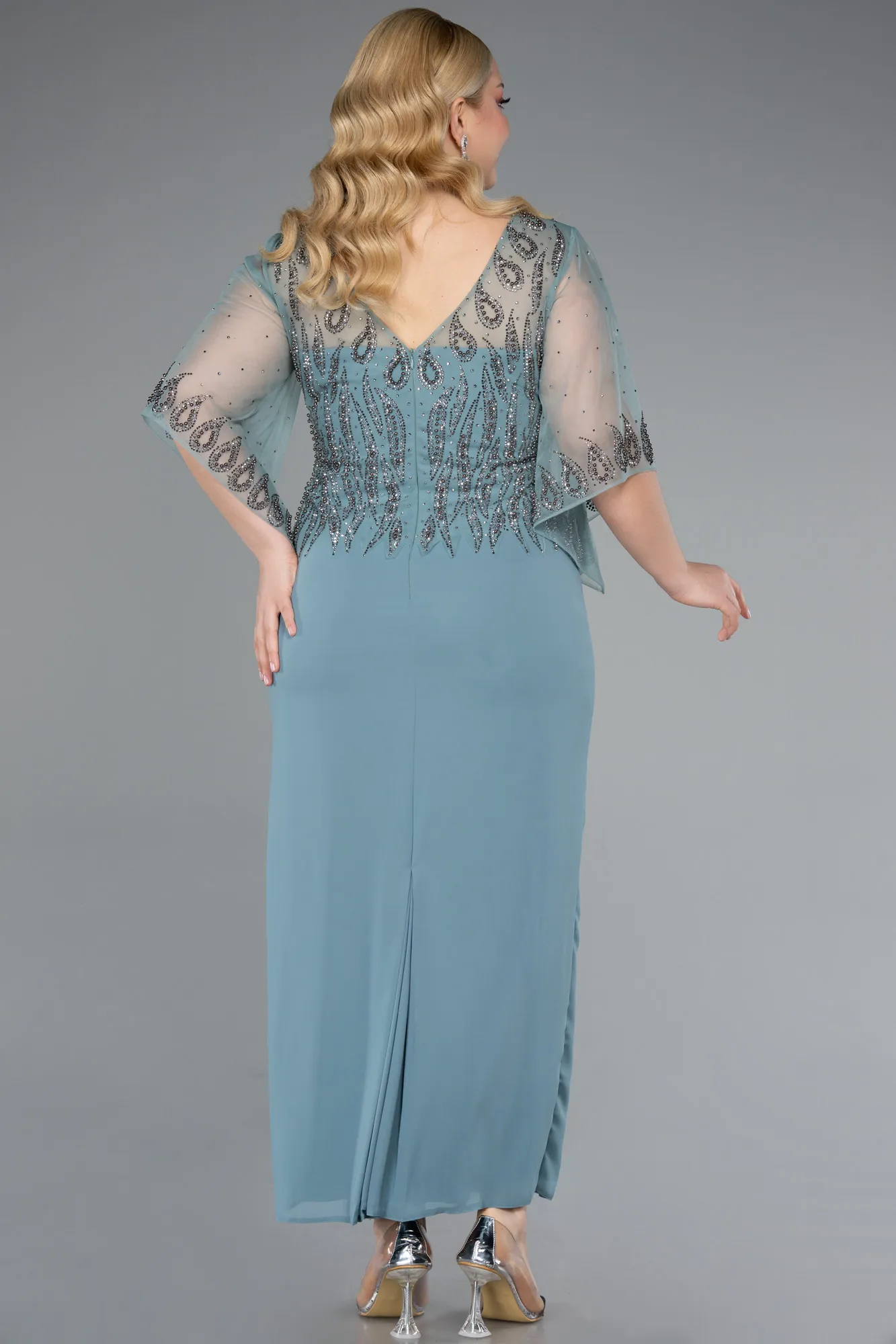 Turquoise-Midi Chiffon Plus Size Evening Dress ABK2333