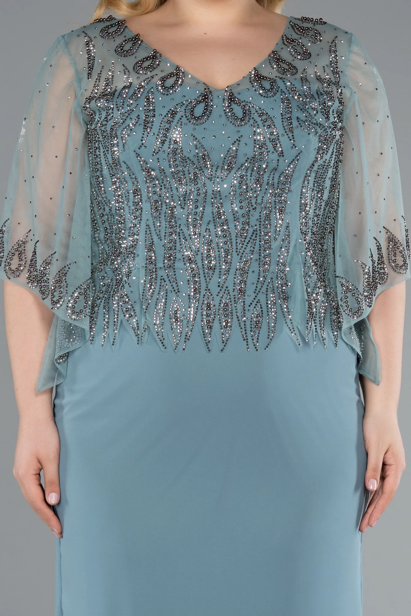 Turquoise-Midi Chiffon Plus Size Evening Dress ABK2333