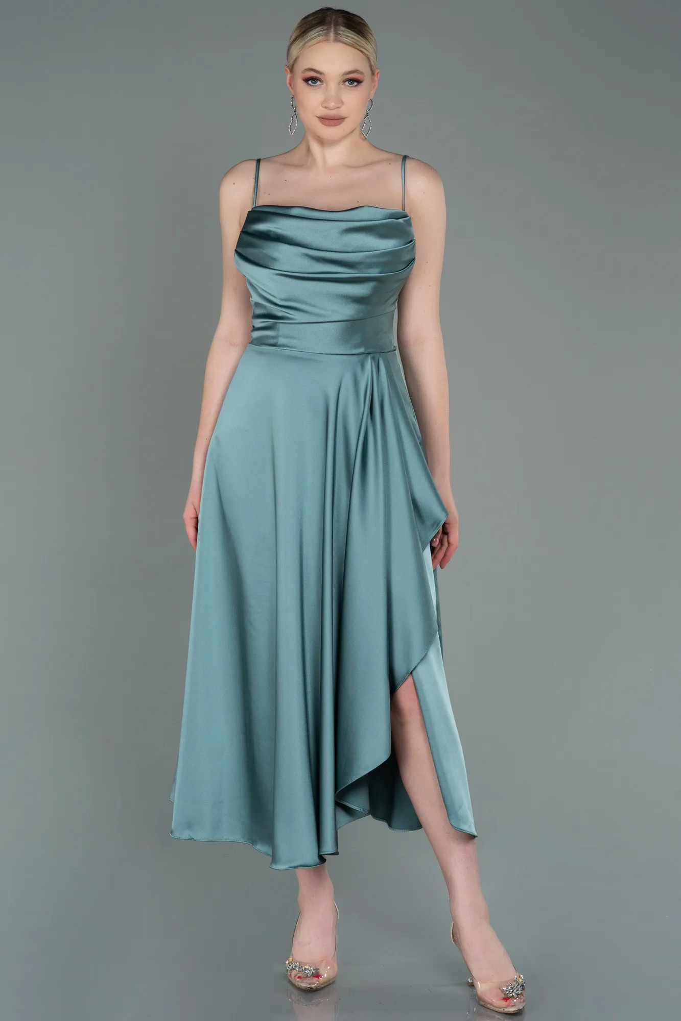 Turquoise-Midi Satin Invitation Dress ABK1586