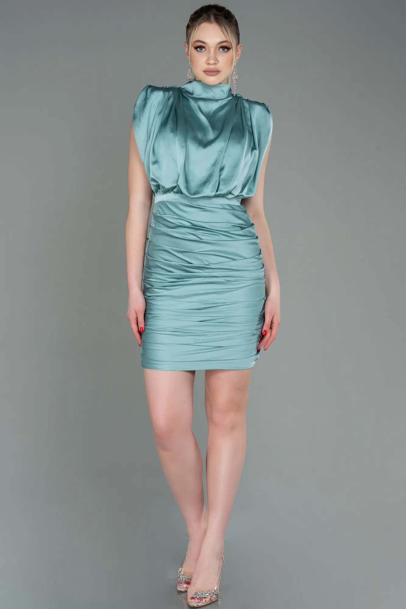 Turquoise-Short Satin Invitation Dress ABK1742