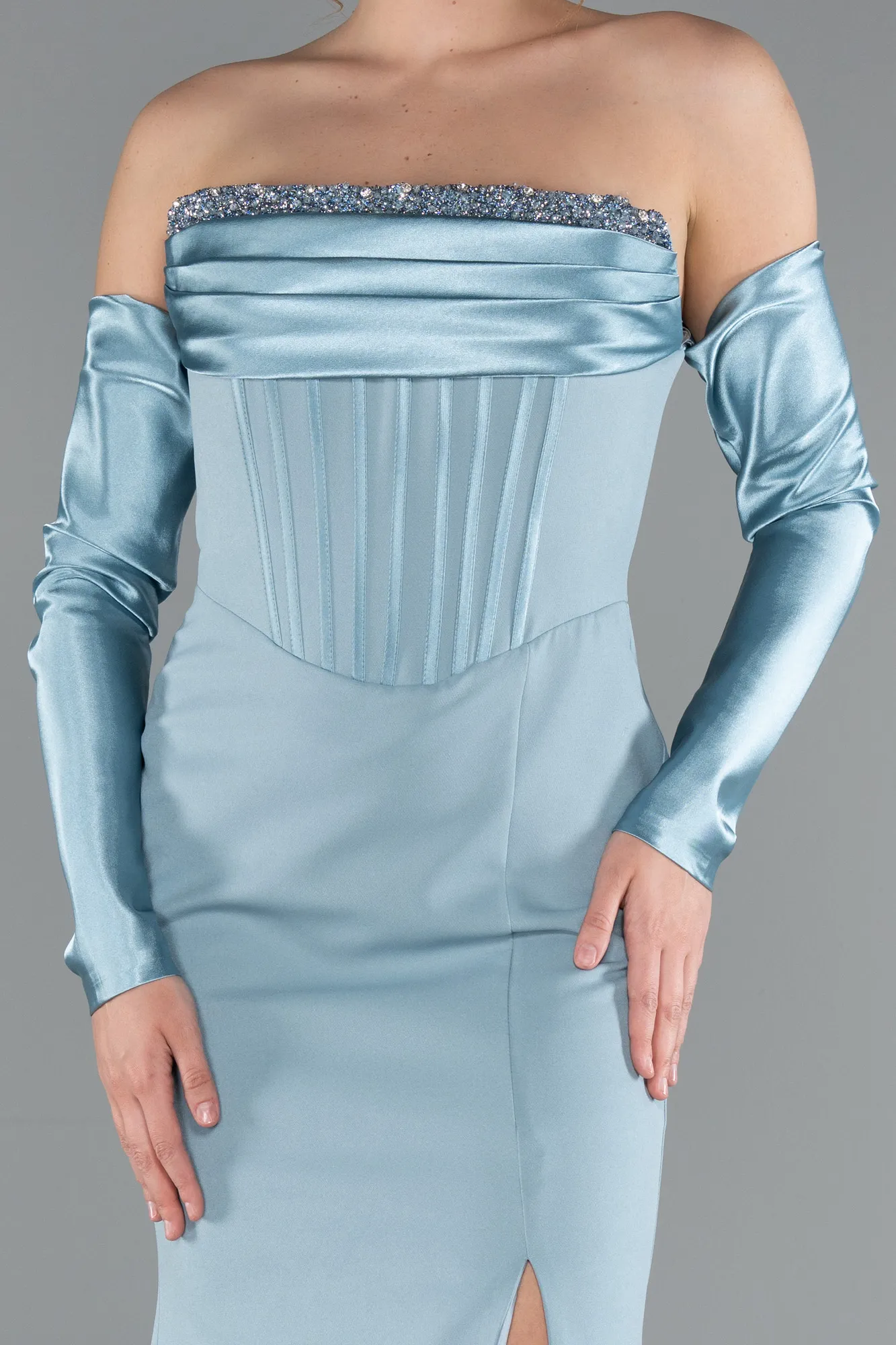 Turquoise-Strapless Sleeve Accessory Slit Mermaid Prom Dress ABU4637