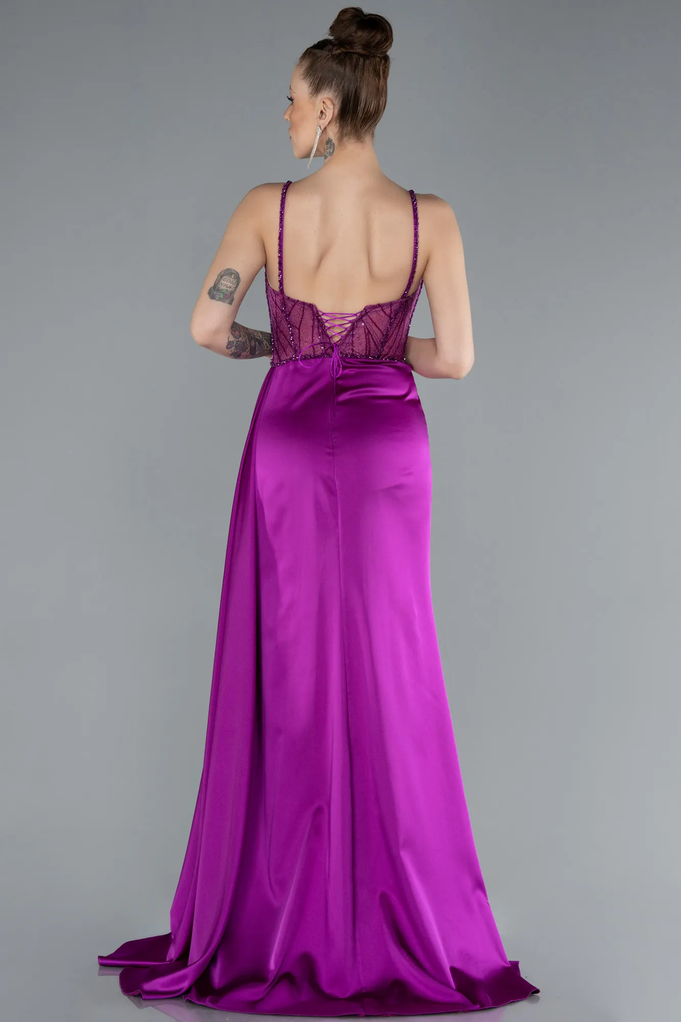 Violet-Transparent Slit Long Satin Evening Gown ABU3030