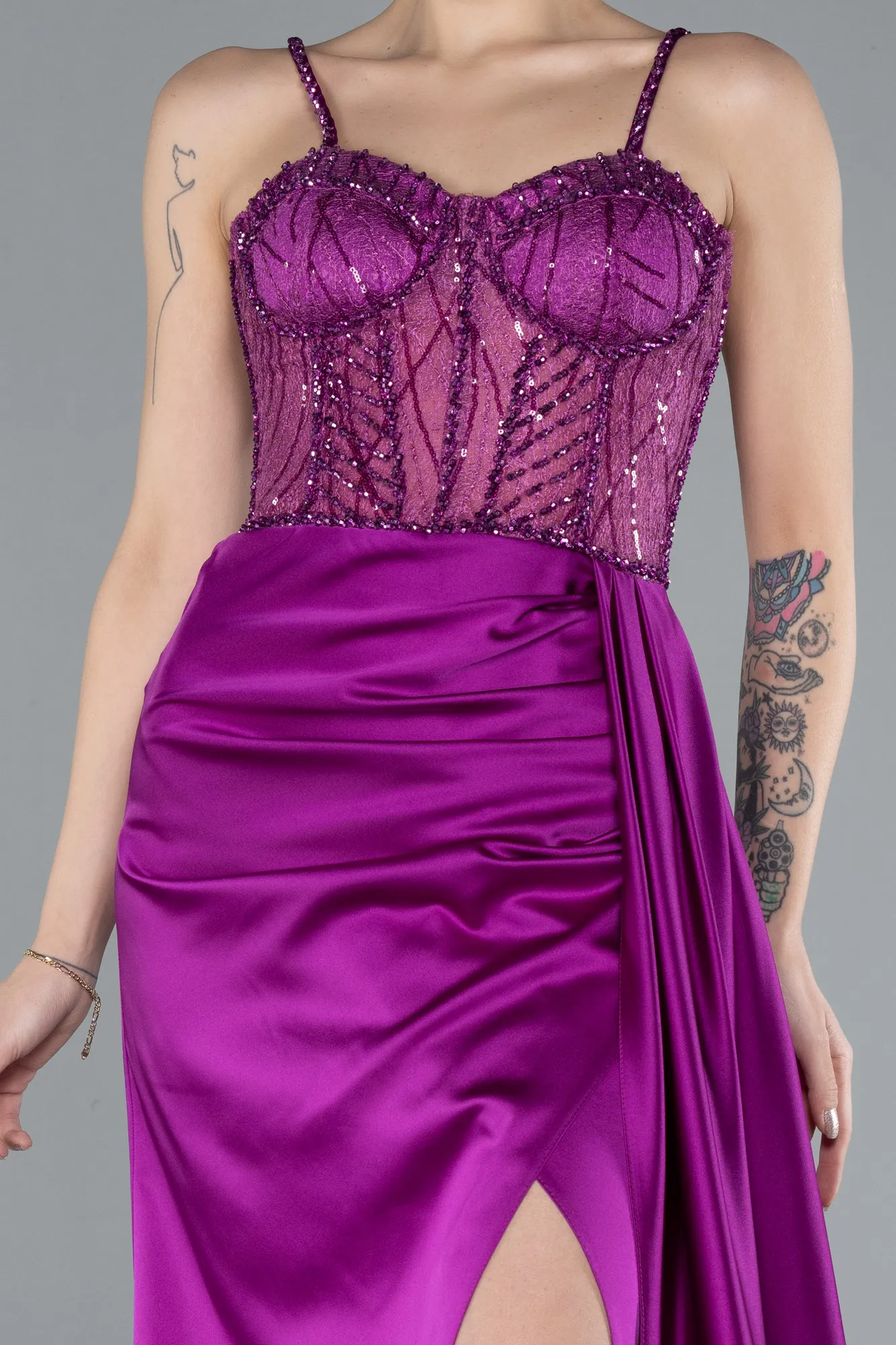 Violet-Transparent Slit Long Satin Evening Gown ABU3030