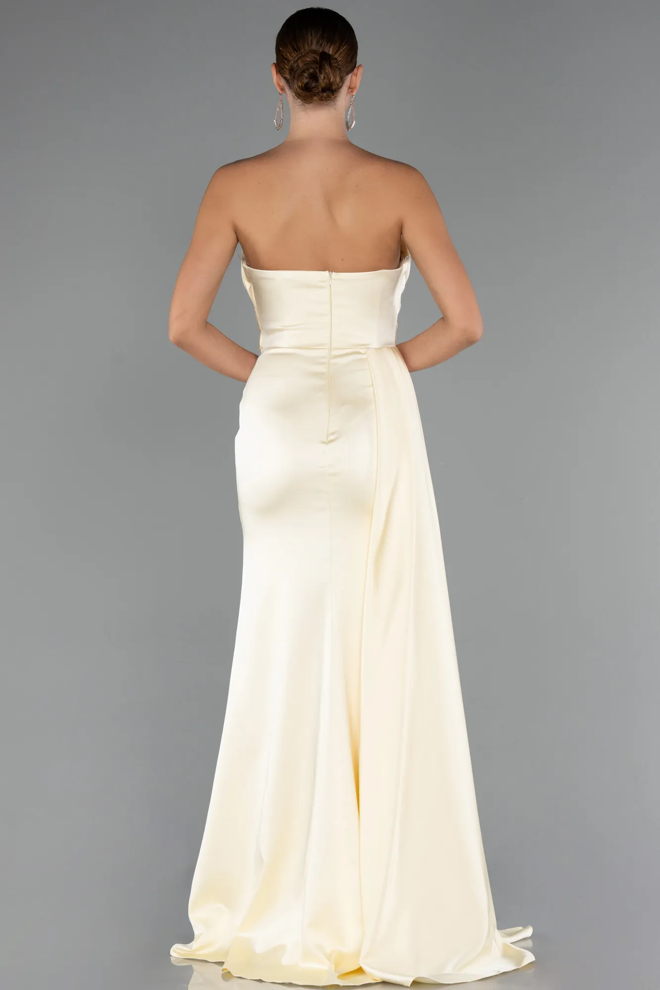 Yellow-Strapless Side Slit Satin Evening Gown ABU4841