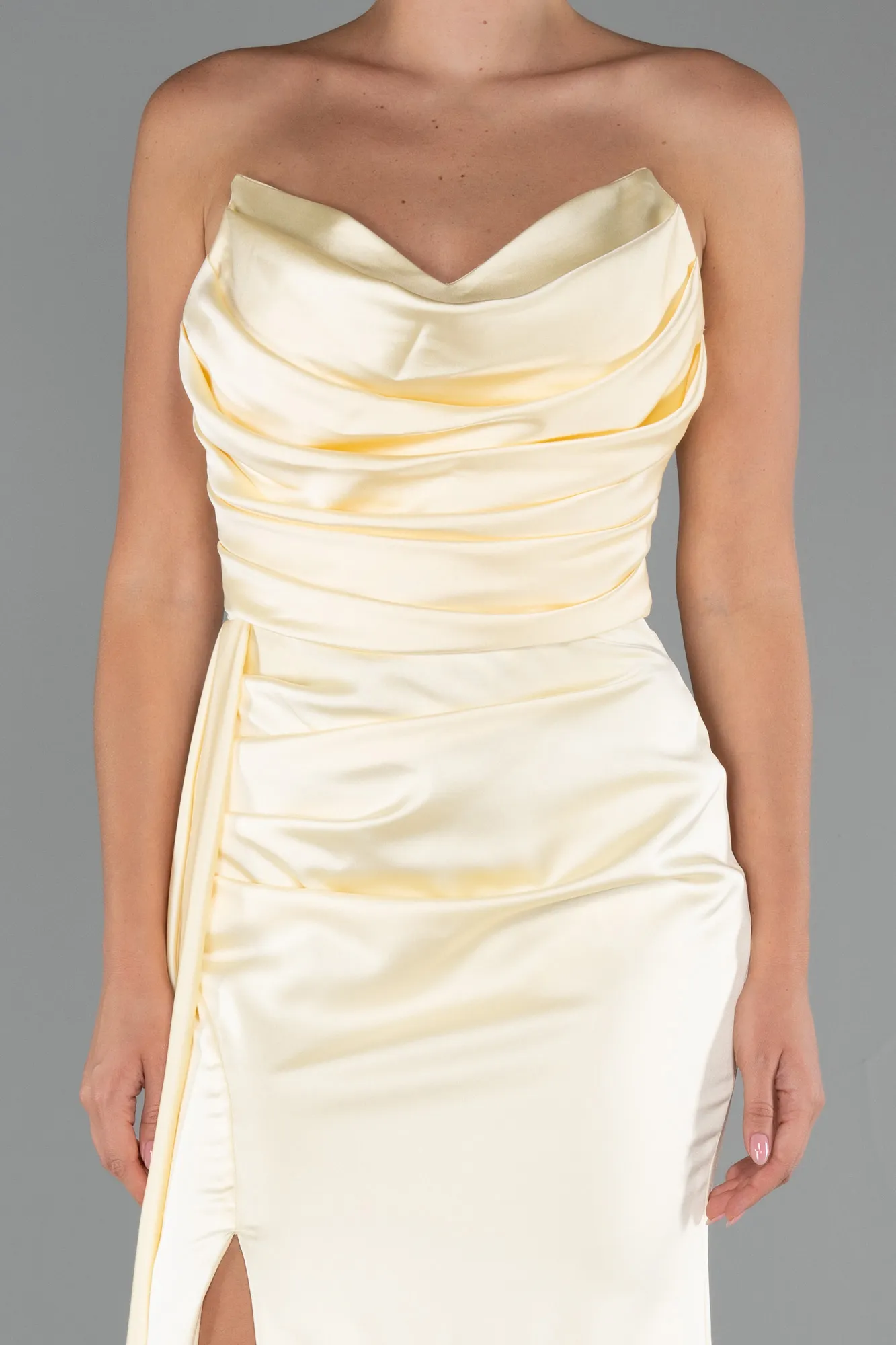 Yellow-Strapless Side Slit Satin Evening Gown ABU4841