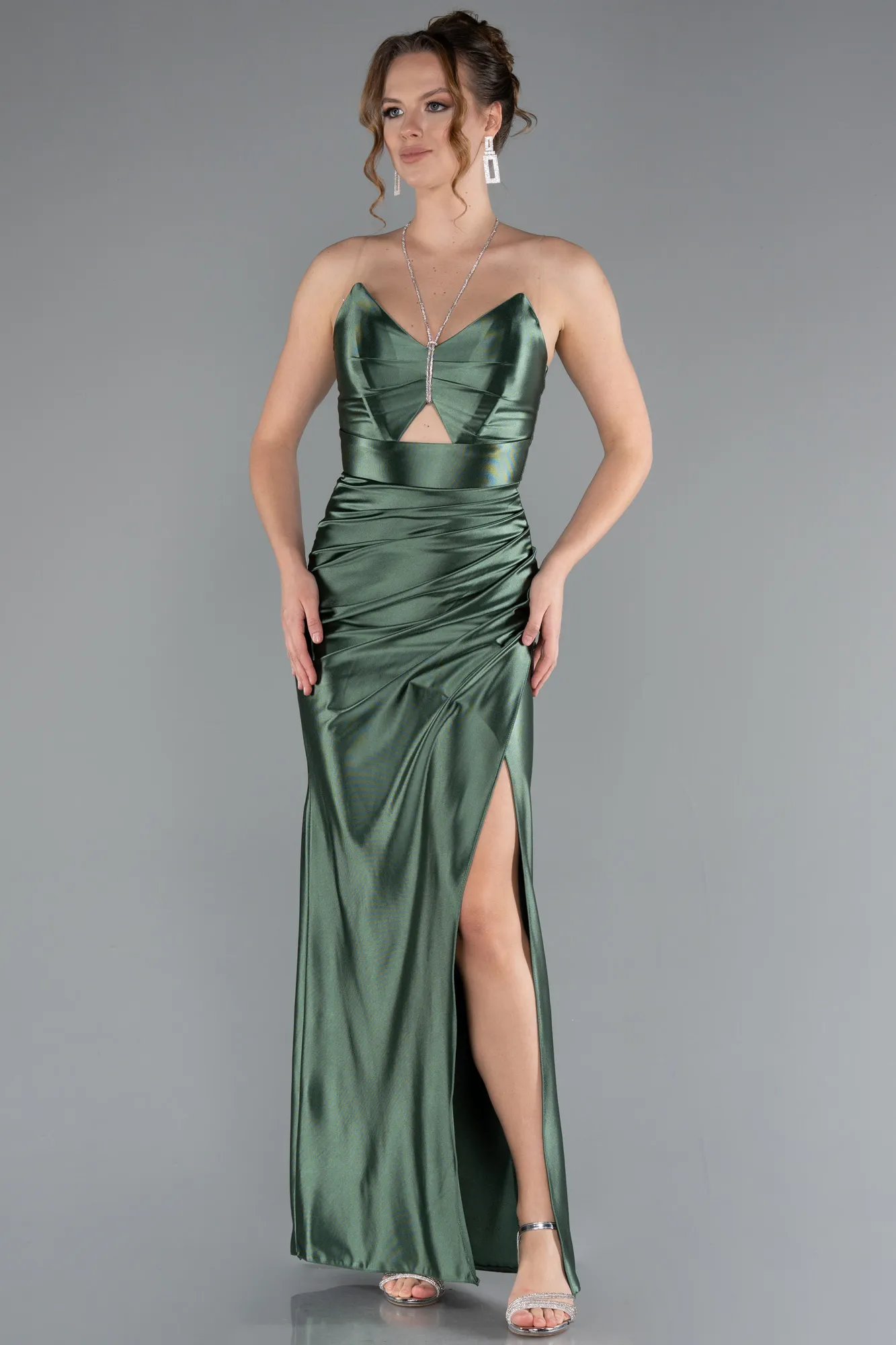cagla-yesili-Slit Satin Long Prom Dress ABU4884
