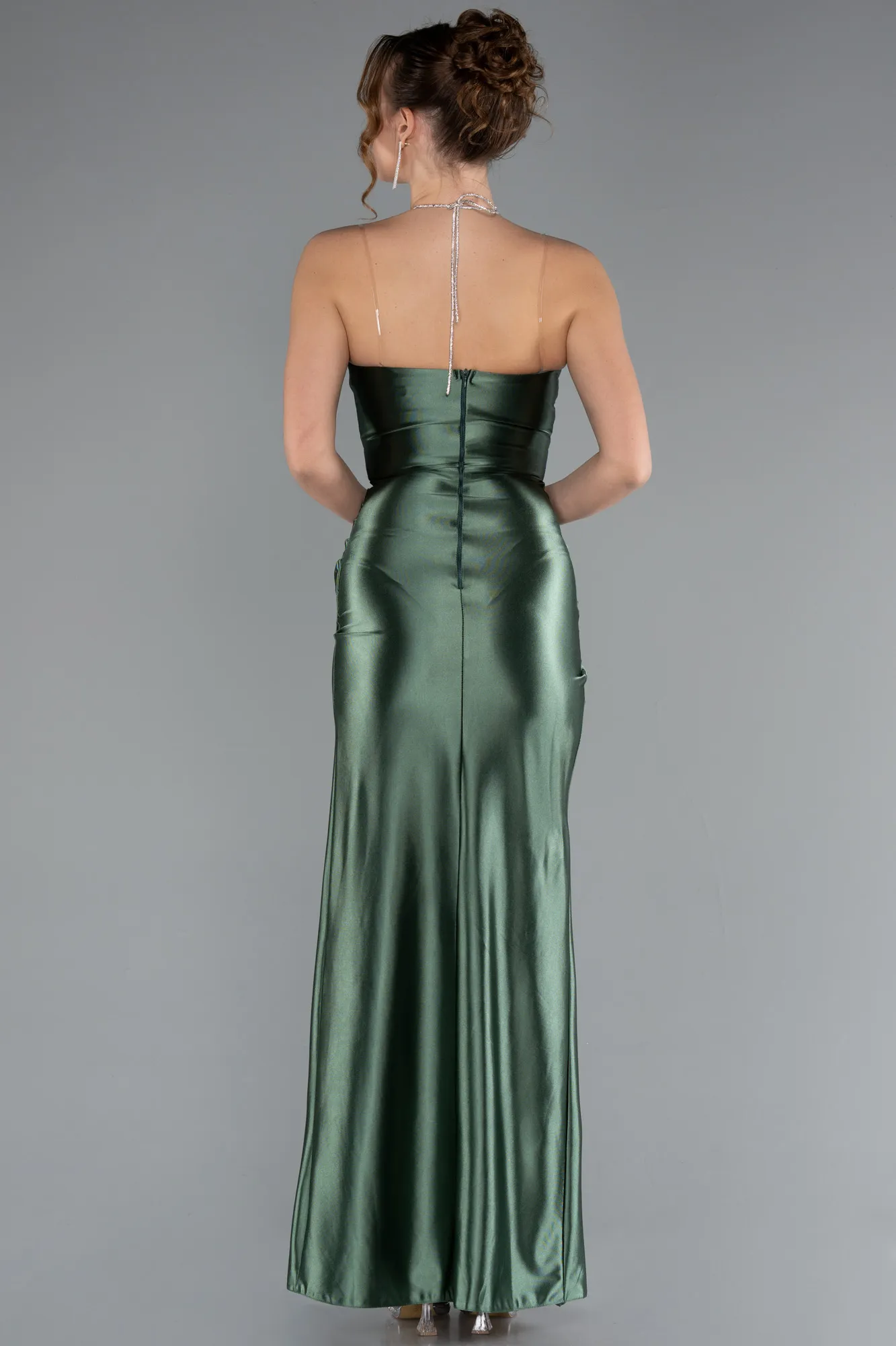 cagla-yesili-Slit Satin Long Prom Dress ABU4884