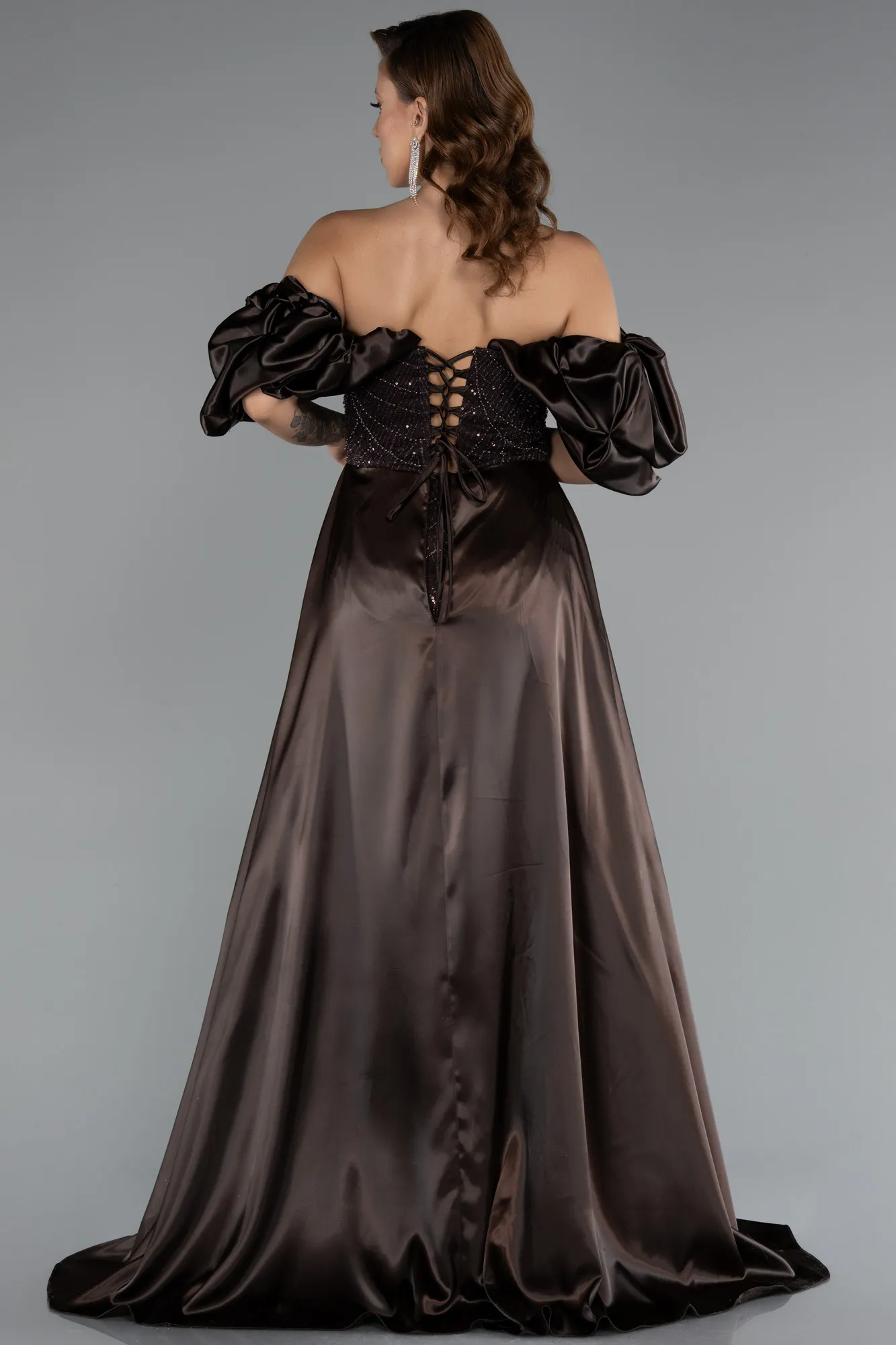 koyu-kahve-Long Beaded Evening Dress ABU5154