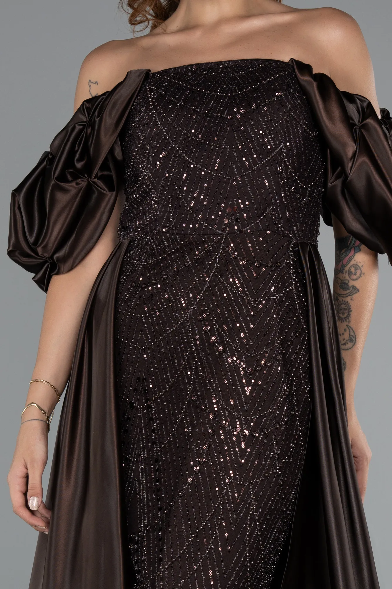 koyu-kahve-Long Beaded Evening Dress ABU5154