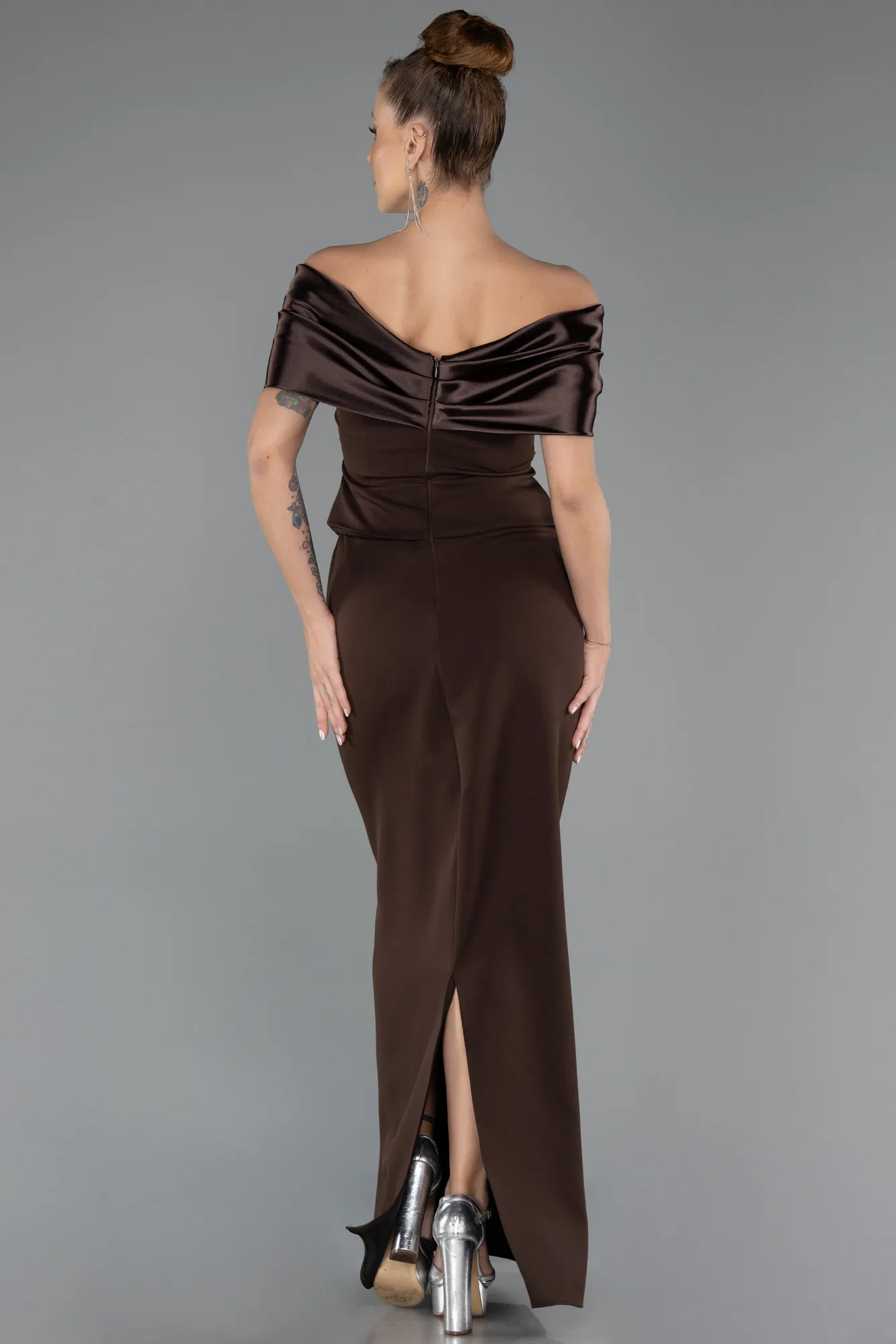 koyu-kahve-Long Evening Dress ABU5440