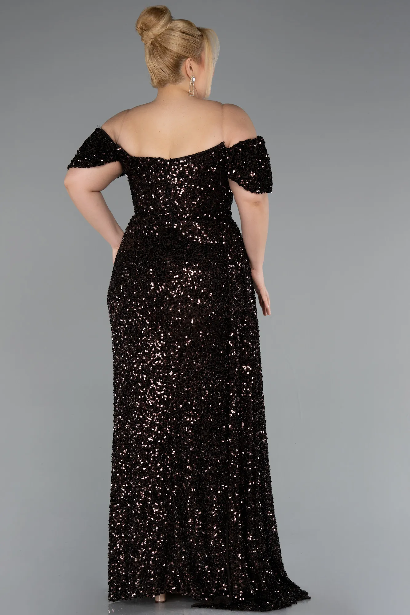 koyu-kahve-Long Scaly Plus Size Evening Gown ABU4863