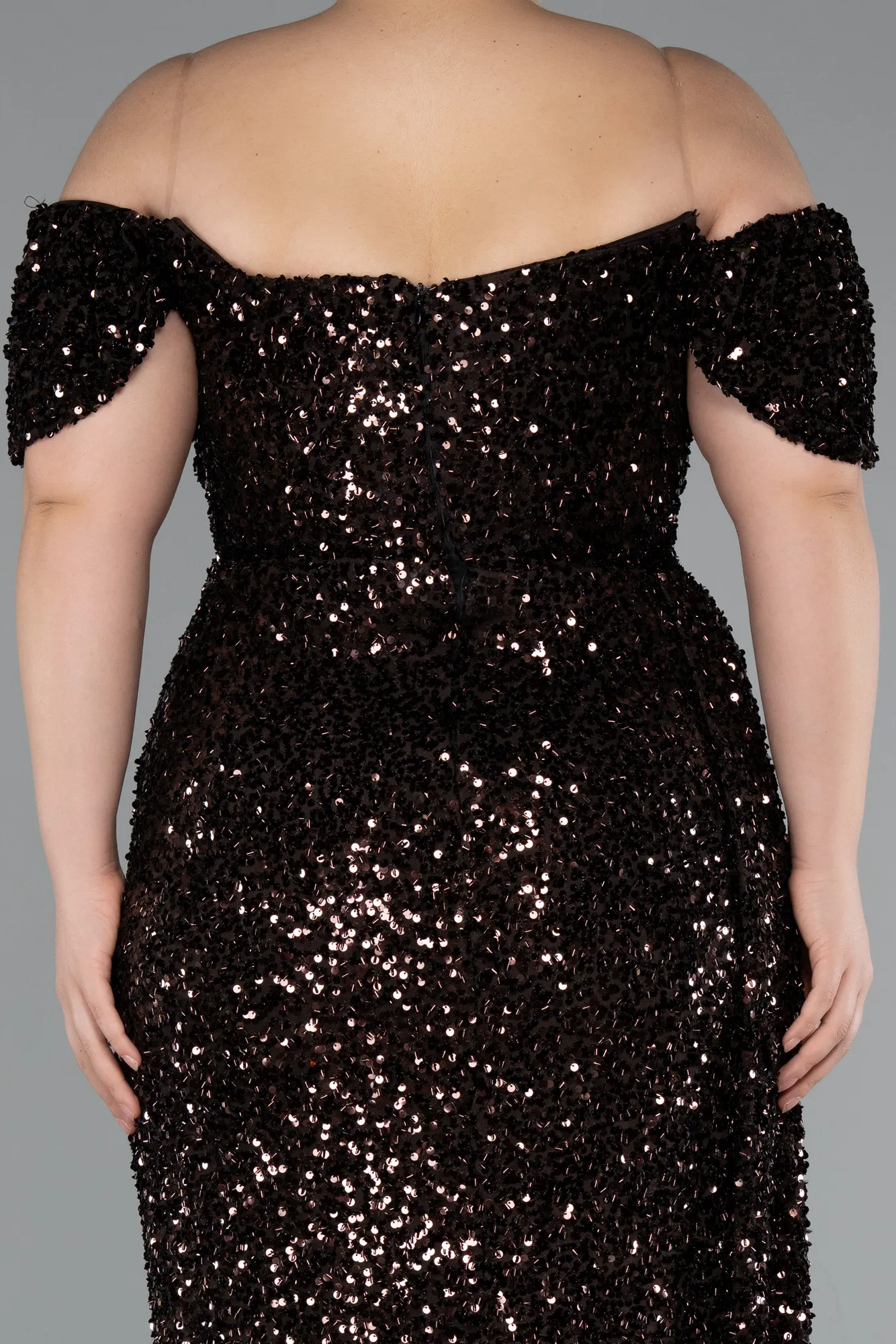 koyu-kahve-Long Scaly Plus Size Evening Gown ABU4863