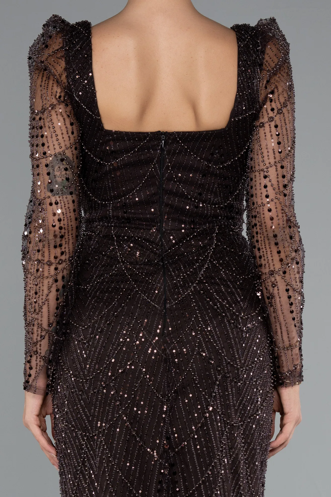 koyu-kahve-Long Sleeve Stone Embellished Satin Train Evening Dress ABU4603