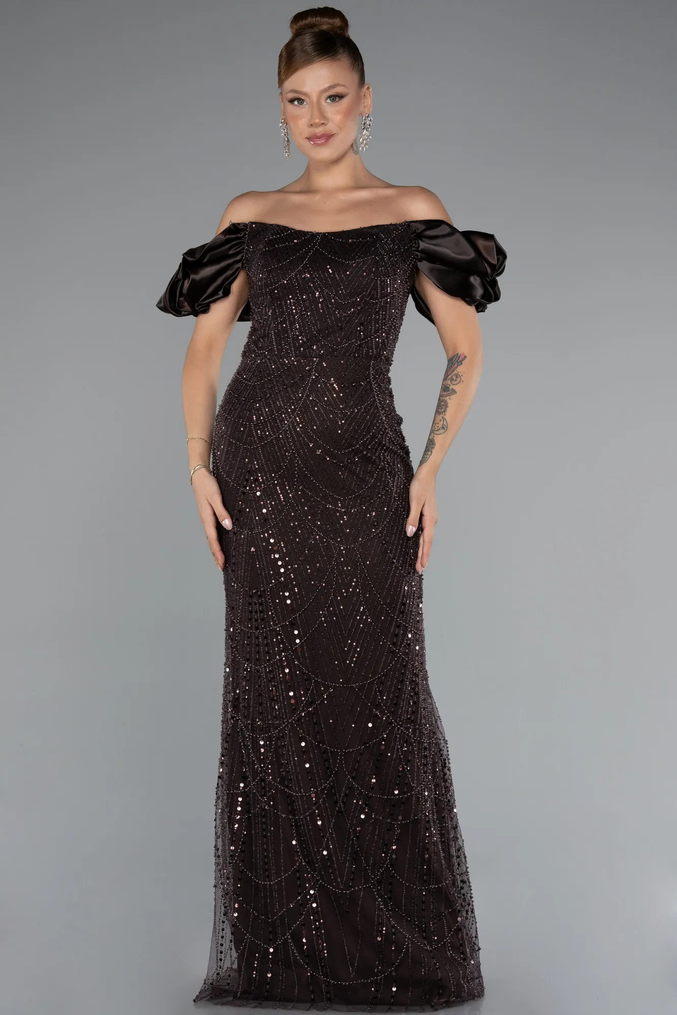 koyu-kahve-Stoned Strapless Sleeve Accessories Long Mermaid Evening Gown ABU4509