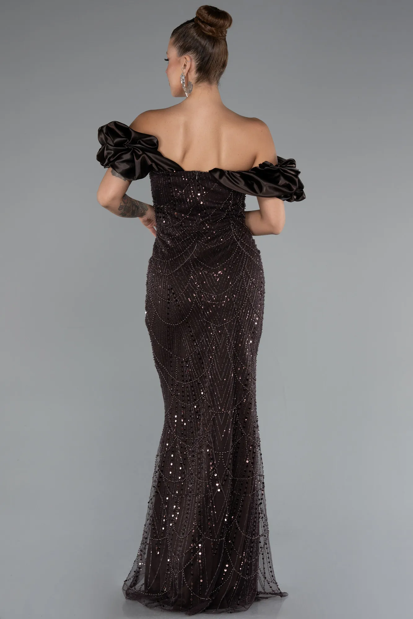 koyu-kahve-Stoned Strapless Sleeve Accessories Long Mermaid Evening Gown ABU4509