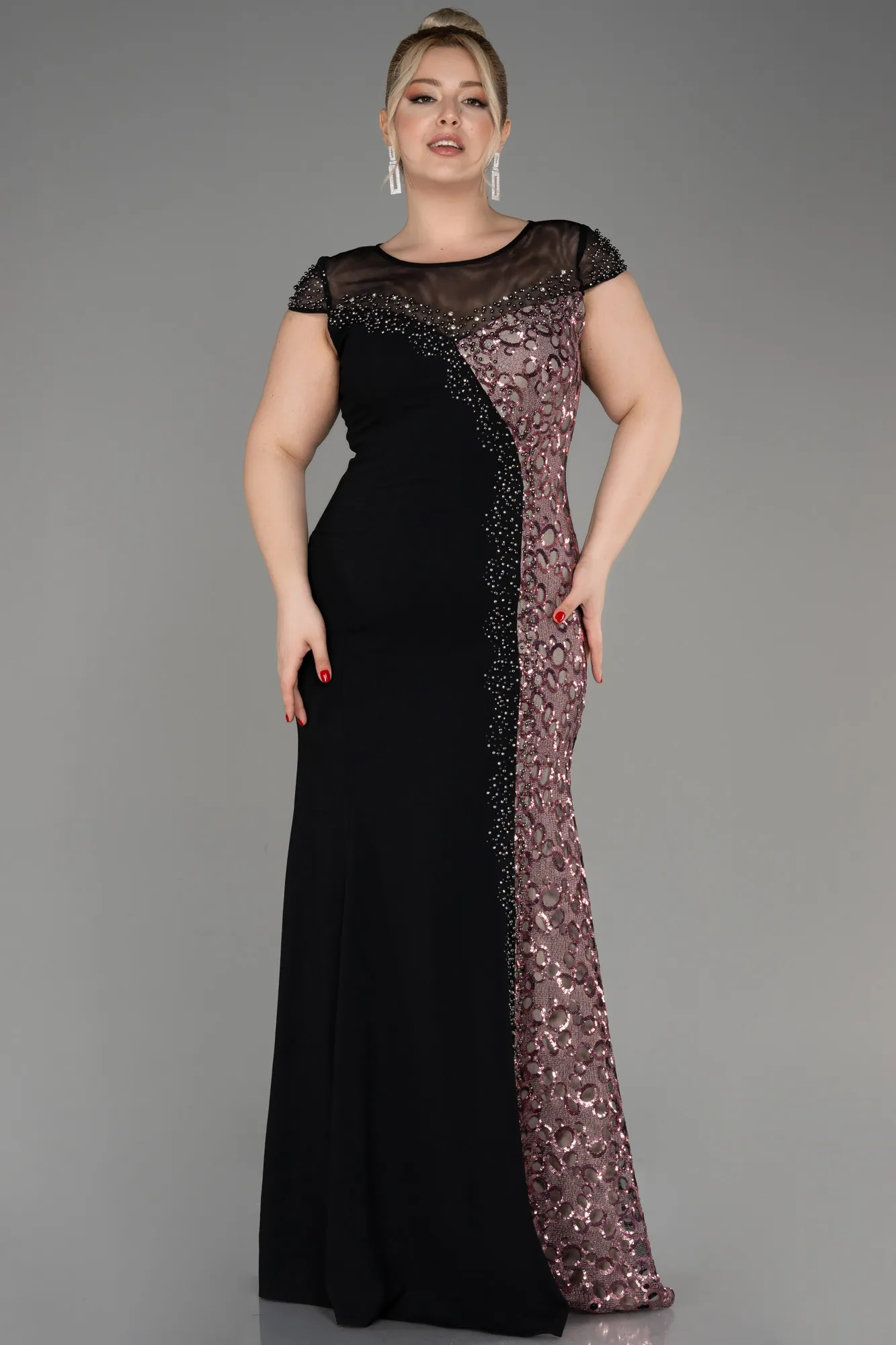 siyah-pudra-Long Plus Size Evening Dress ABU3923